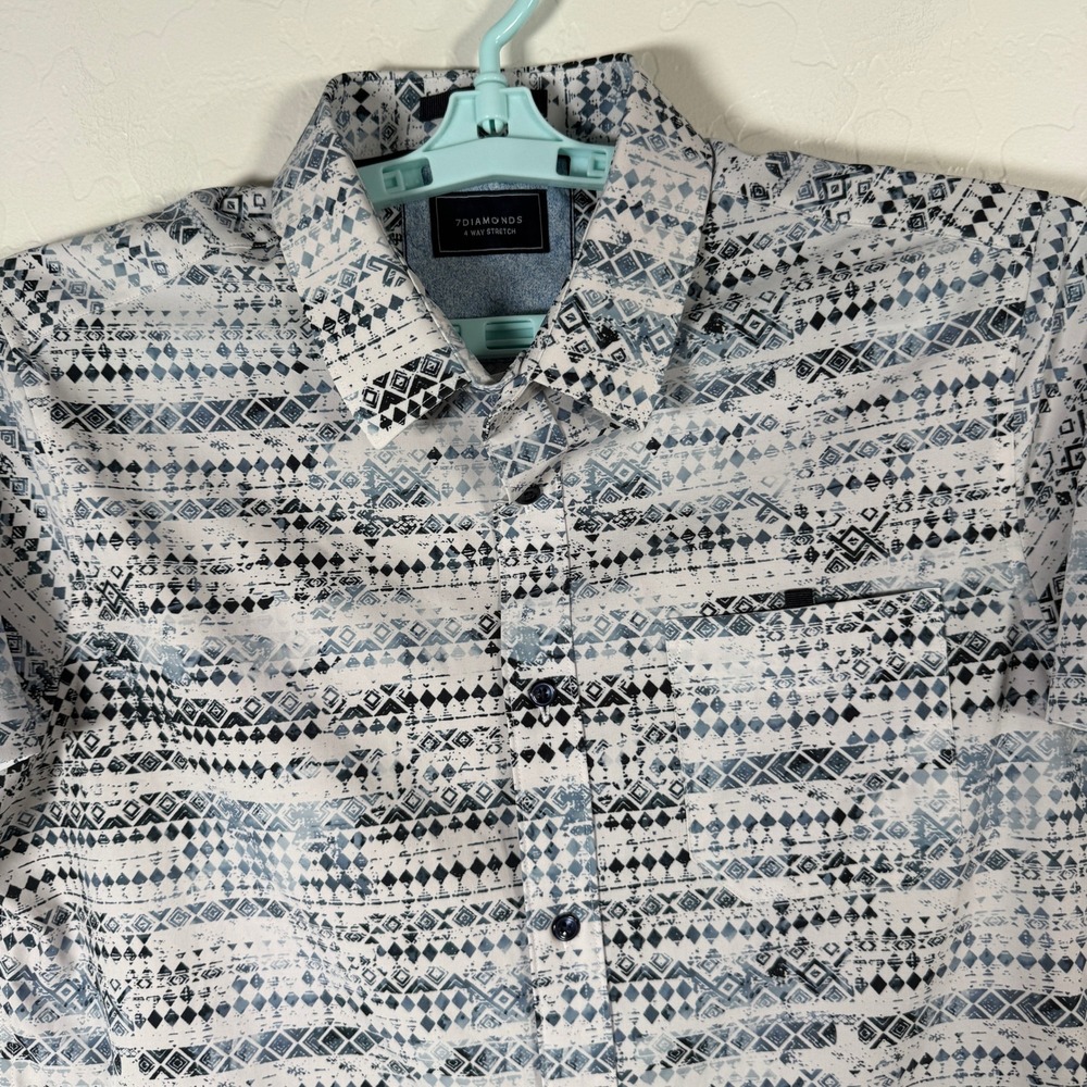 7 Diamonds Shirt Mens Medium Blue Geometric 4-Way Stretch Short Sleeve Button Up